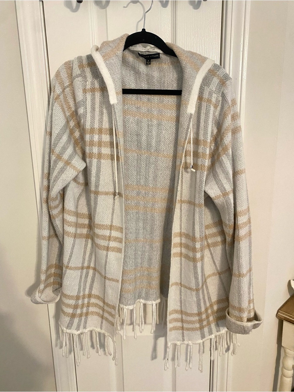 Cozy Plaid Hooded Fringe Cardigan - Cream & Camel